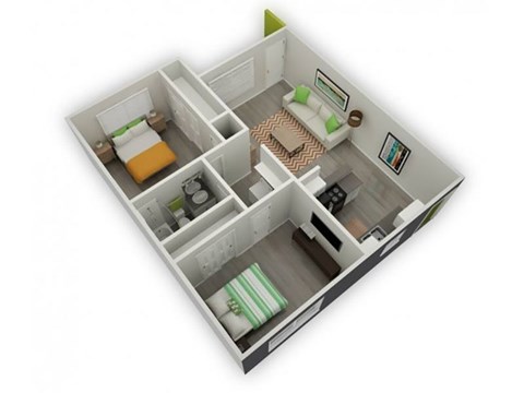 Floor plan for 2 beds, 1 bath, 930 sqft